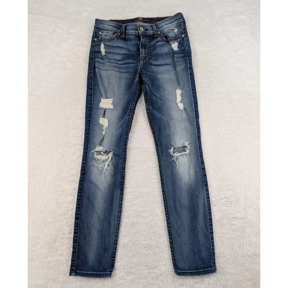 7 For All Mankind Jeans Women's 28 The Ankle Skinny Distress Medium Wash Blue